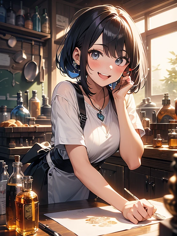 (fantasy:1.5),(anime,8k,masterpiece, top quality, best quality,beautiful and aesthetic:1.2,professional illustrasion:1.1,ultra detail:1.3,perfect lighting),extremely detailed,highest detailed,incredibly absurdres , highres, ultra detailed,intricate:1.6,(Alchemy Workshop:1.4),A girl mixing,Medicine in many small bottles,holding small potion,colorful:1.4,zentangle,(1girl),(girl),(Three kingdoms female warload),(highly detailed beautiful face and eyes,firm breasts),oily skin,((black,hair,short bob with short pony tail hair)),thin pubic hair,cute,lovely,34 years old,alchemist costume,Merchant's Clothing,smile,in the kitchen,smile,seductive weak smiling,(with sparkling eyes and a contagious smile),open mouth, Looking at Viewer,
