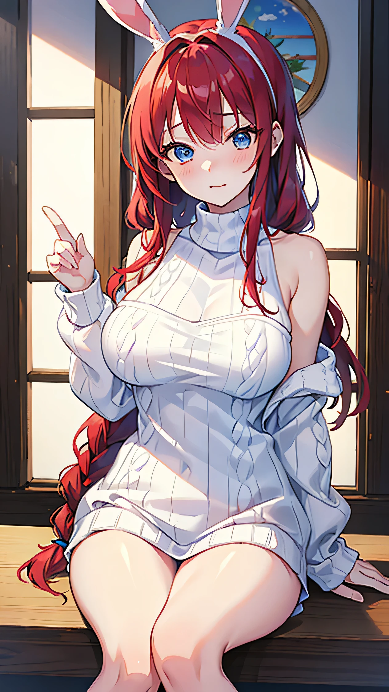 masterpiece、high-quality、top-quality、Beautiful face、expressive eyes、hard disk、Perfect lighting、A detailed face、Detailed body、mature female、mature lady、solo、(A red-haired)、braided hair、swept bangs、 blue eyes、((bunny sweater))、((furs tocking))、((bare shoulders))、sexy pose、Sexy face、professional model、big breasts、bashful face、cute pose、white plain background、magazine frame、