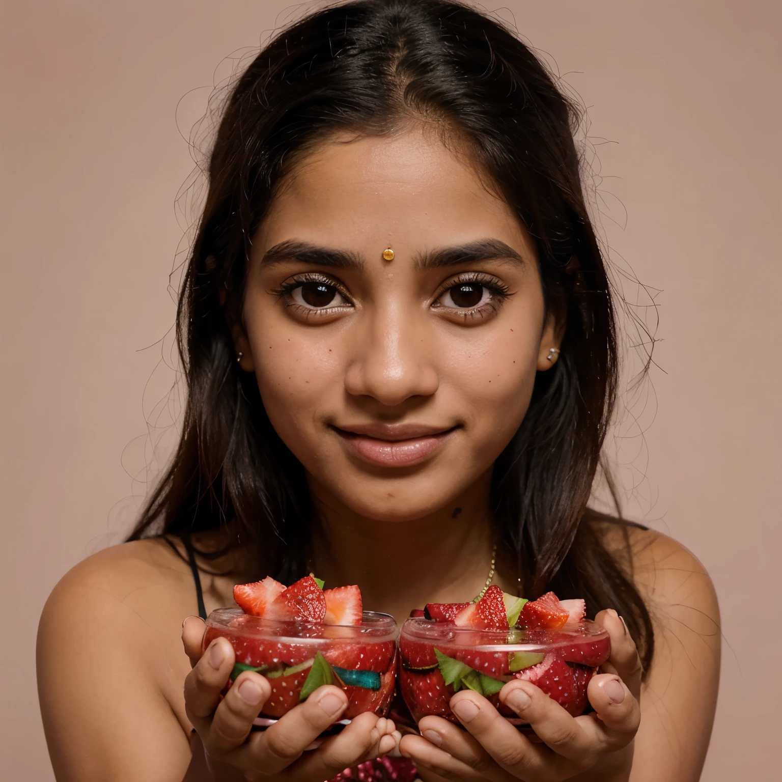 Baljeet con fresas en las manos, ojos rosados y dientes de oro