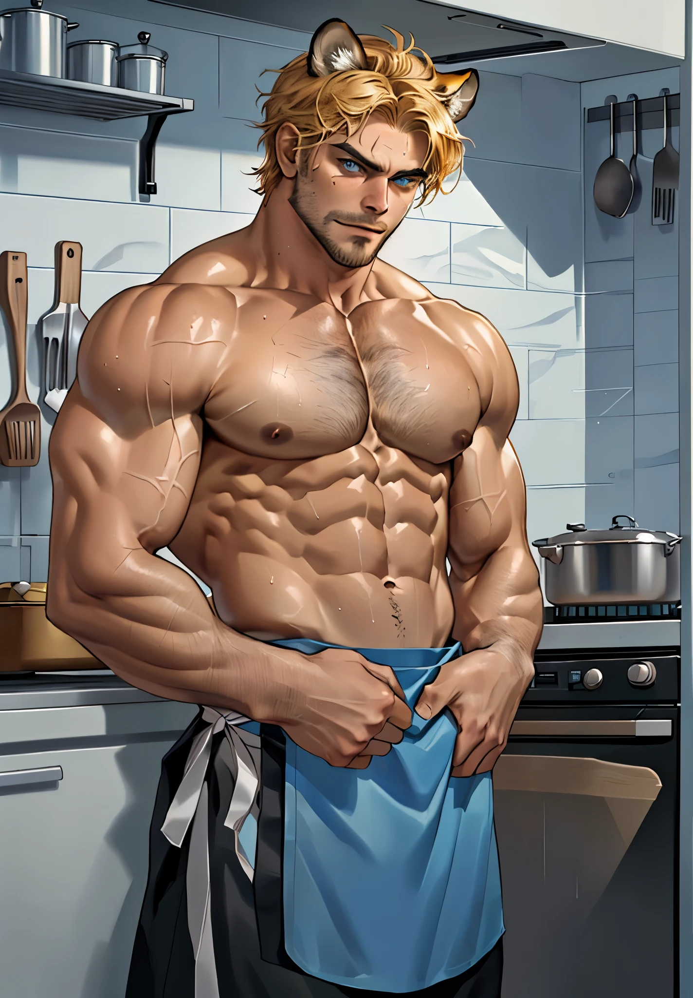 Close up, there is a man with Tiger ears that is standing in the kitchen. commission for high res, naked, anthropomorphic, muscular chest, highly detailed full body, strong and imposing, detailed full body, muscular character, extra detailed body, macho pose, body detailed, (looking at the viewer), wet body, sweaty, short yellow hair, yellow beard, topless, naked, wearing only apron, many body hair, cooking equipment, body hair, angry face, Blue eyes, kitchen, wearing apron, topless and apron.