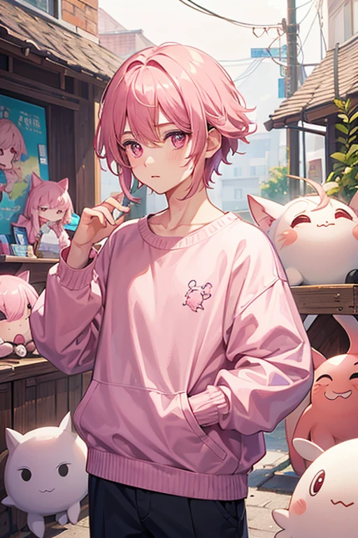 a boy with a pink sweater, pink eyes, and an axolotl on his head