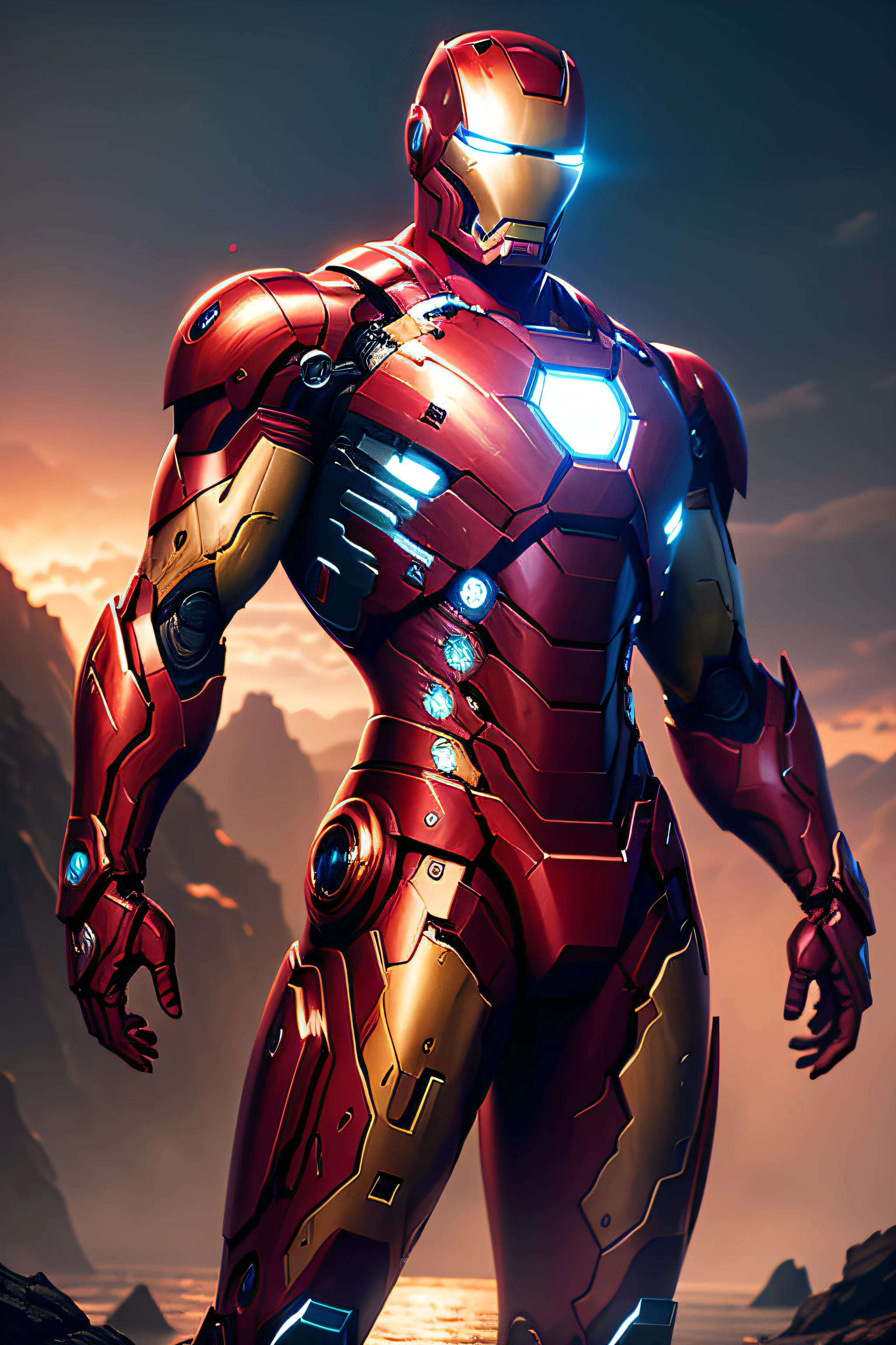 Homem de Ferro posando, detalhes de roupas modernas, HDR, Ultra HD, 64k, Altamente detalhado, Fotografia Profissional , Sketch style, paint scratches, sharp lines, trends on Artstation, motor realista, cores vivas , high resolution scanning, The camera details everything, The moonlight highlights your muscles and scars. The setting is lush and mysterious, com uma cidade escura e arredores. The camera details everything.