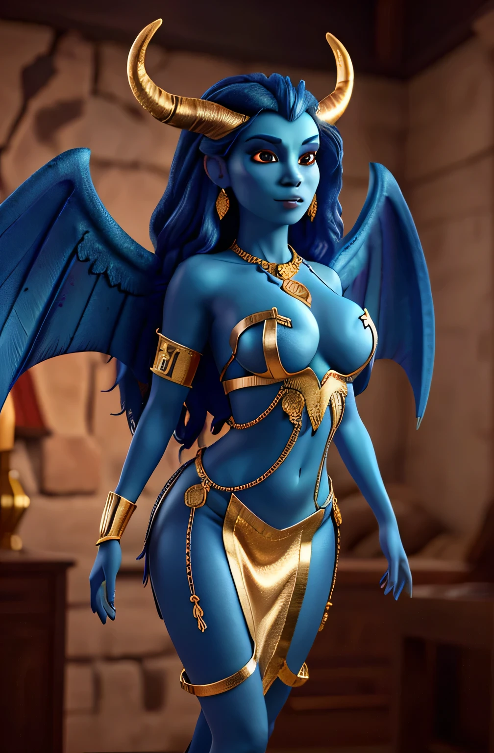 highres,(best quality,4k,8k),realistic,sexy devil woman with blue skin,split-down-the-middle dress revealing breast, gold jewelry, including a gold necklace, detailed horns on head, elegant wings, blue skin. Nipples