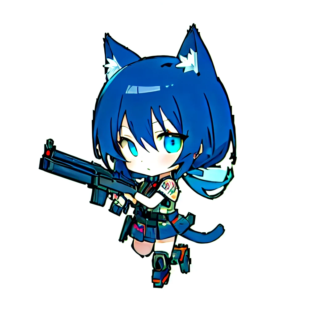 Blue Hair Girl、A cute chibi catgirl in an anime art style, completely robotic, holding guns in front of a wooden background. She has a MapleStory Gun Girl design, with a tattoo of a robotic cat. The art style is reminiscent of Trigger animation and manga, with 2D anime style. The overall image quality is the best, with high resolution (4k or 8k) and ultra-detailed rendering. The colors are vibrant, and the lighting is set in a stylized anime fashion.