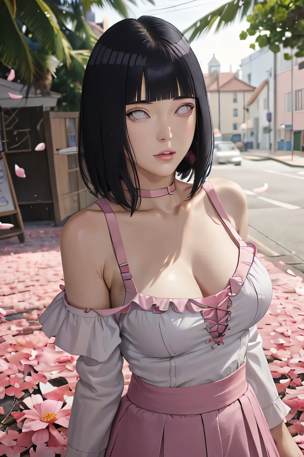 masterpiece, absurdres, hinata\(boruto\), 1girl, solo,mature female, off-shoulder strap bra, high waist short skirt, looking at viewer, (falling petals), perfect composition, detailed lips, big breast, beautiful face, body propotion, blush, (pink lips), long hair, purple eyes, soft gaze, super realistic, detailed, photoshoot, realistic face and body,