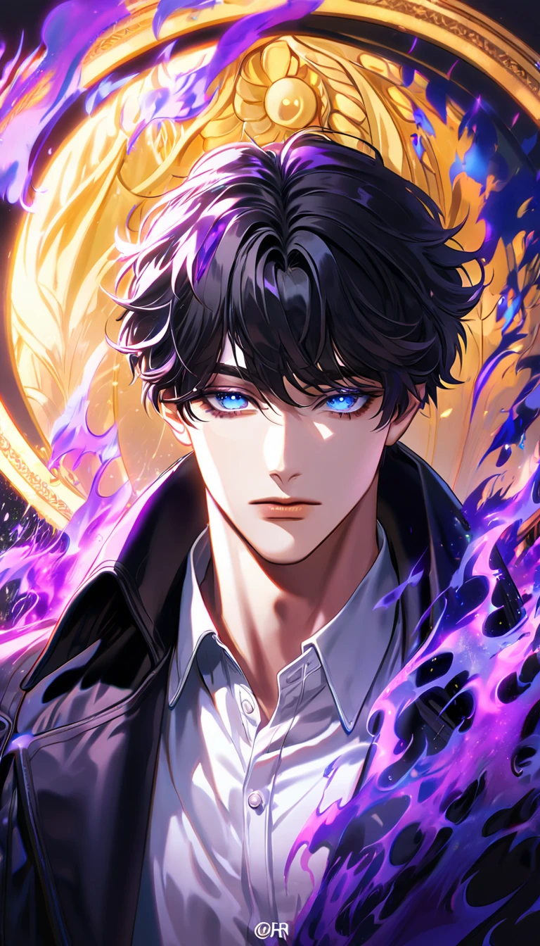 absurdres, highres, ultra detailed, HDR, masterpiece, extremely detailed face and eyes, Sung Jinwoo, solo leveling, black hair, expressive blue eyes, black coat, white shirt, purple moon, purple flames, solo, man, handsome