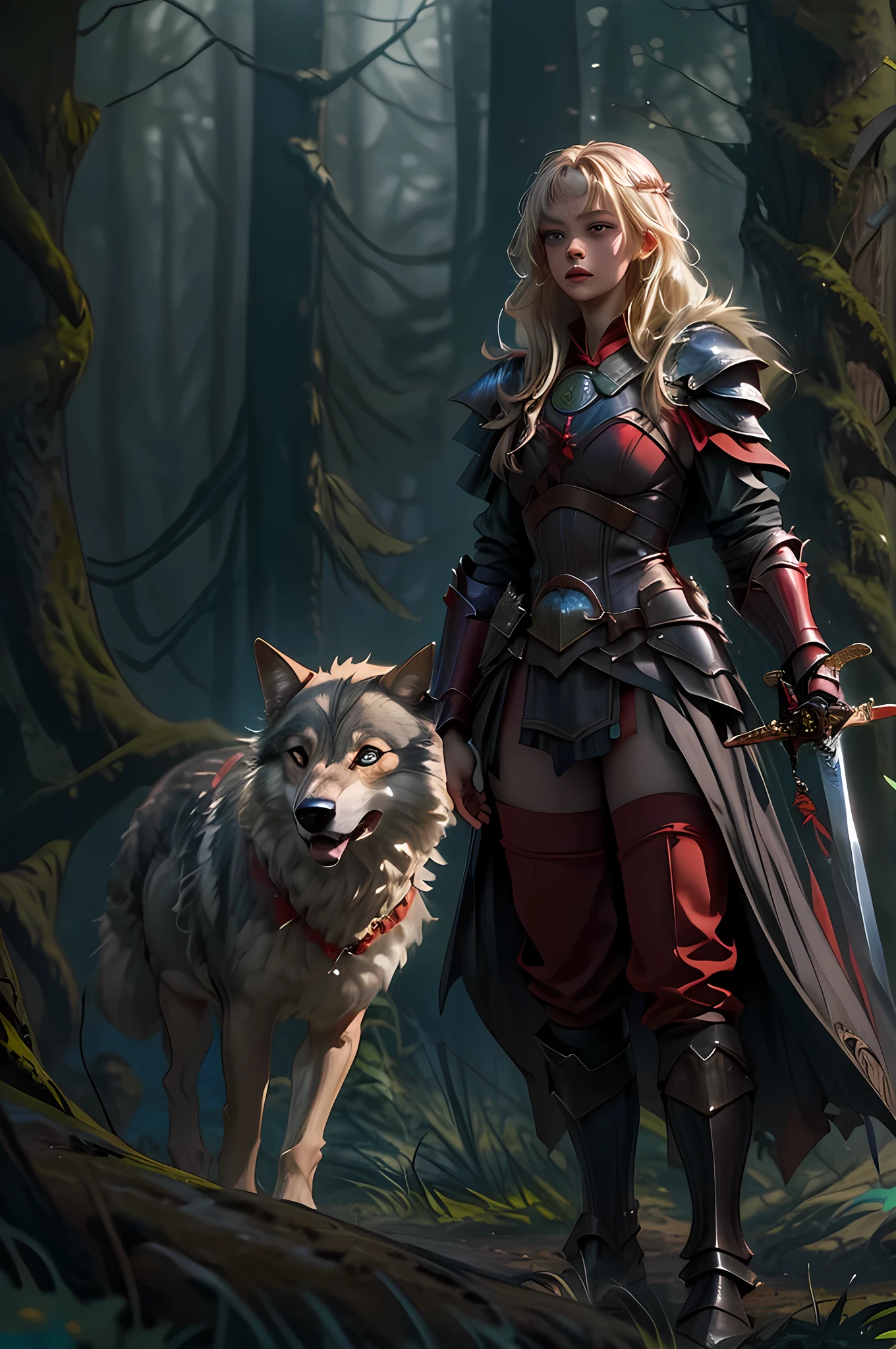 fantasy art, RPG art, Dark fantasy art, ultra wide shot, RAW, photorealistic, a picture of female human ranger and her wolf pet, the ranger, an exquisite beautiful human woman, long blond hair, braided hair, green eyes, wearing leather armor, wearing (red cloak: 1.1), armed with a (sword: 1.3), wearing laced boots, standing in a dark forest at night, (mist rising from the grounds: 1.3), a sense of dread and fear, yet she stands defiant and fearless, her wolf pet stands near her, protecting her, dark fantasy forest background, best quality, 16k, [ultra detailed], masterpiece, best quality, (ultra detailed), full body, ultra wide shot, photorealism, armored dress