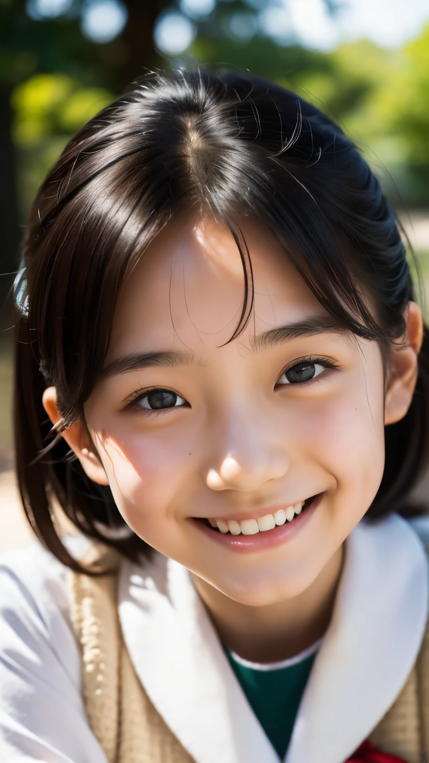 lens: 135mm f1.8, (highest quality),(RAW Photos), (Tabletop:1.1), (Beautiful 13 year old Japan girl), Cute face, (Deeply chiseled face:0.7), (freckles:0.4), dappled sunlight, Dramatic lighting, (Japanese School Uniform), (On campus), shy, (Close-up shot:1.2), (smile),, (Sparkling eyes)、(sunlight)