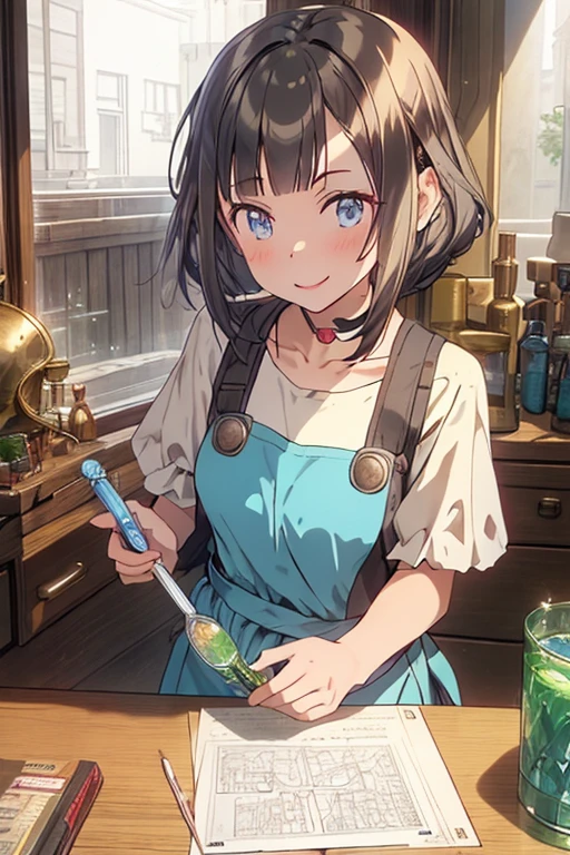 (fantasy:1.5),(anime,8k,masterpiece, top quality, best quality,beautiful and aesthetic:1.2,professional illustrasion:1.1,ultra detail:1.3,perfect lighting),extremely detailed,highest detailed,incredibly absurdres , highres, ultra detailed,intricate:1.6,(Alchemy Workshop:1.4),A girl mixing,Medicine in many small bottles,holding small potion,colorful:1.4,zentangle,(1girl),(girl),(Three kingdoms female warload),(highly detailed beautiful face and eyes,firm breasts),oily skin,((black,hair,short bob with short pony tail hair)),thin pubic hair,cute,lovely,34 years old,alchemist costume,Merchant's Clothing,smile,in the kitchen,smile,seductive weak smiling,(with sparkling eyes and a contagious smile),open mouth, Looking at Viewer,