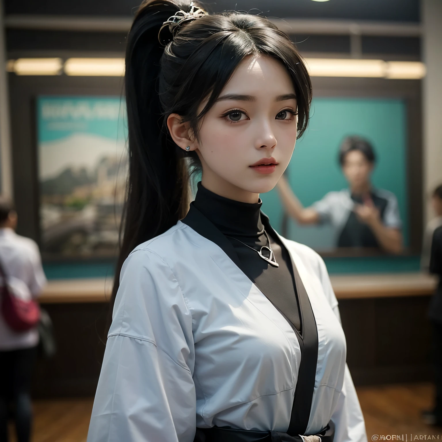 ((best quality)), ((masterpiece)), (detailed), perfect face. Black hair. Ponytail. Anime girl. Asian girl. Black eyes. Ulzzang. Casual outfit.