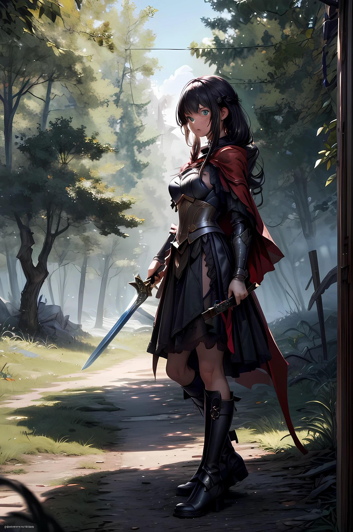 fantasy art, RPG art, Dark fantasy art, ultra wide shot, RAW, photorealistic, a picture of female human ranger and her wolf pet, the ranger, an exquisite beautiful human woman, long blond hair, braided hair, green eyes, wearing leather armor, wearing (red cloak: 1.1), armed with a (sword: 1.3), wearing laced boots, standing in a dark forest at night, (mist rising from the grounds: 1.3), a sense of dread and fear, yet she stands defiant and fearless, her wolf pet stands near her, protecting her, dark fantasy forest background, best quality, 16k, [ultra detailed], masterpiece, best quality, (ultra detailed), full body, ultra wide shot, photorealism, armored dress