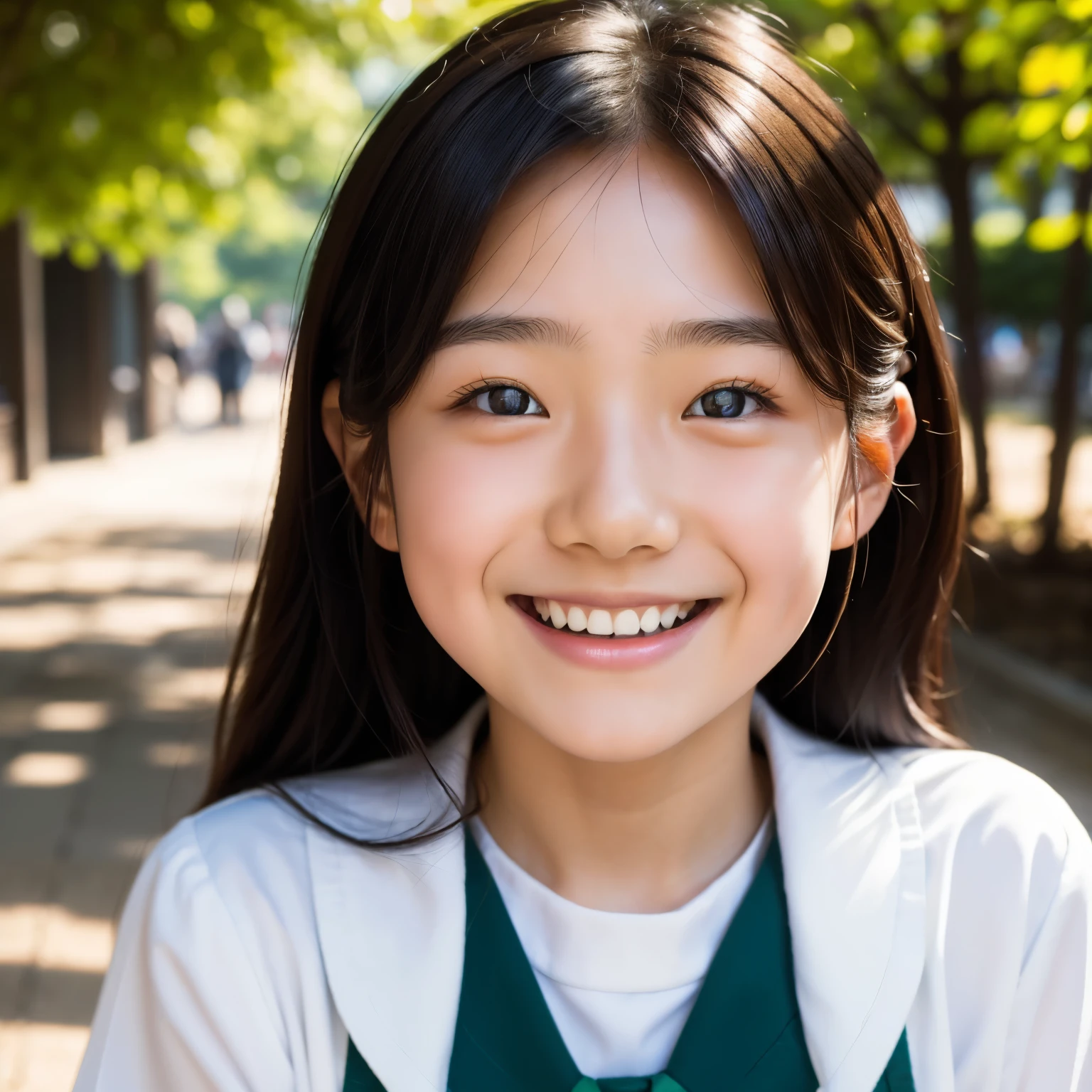 lens: 135mm f1.8, (highest quality),(RAW Photos), (Tabletop:1.1), (Beautiful 12 year old Japanese girl), Cute face, (Deeply chiseled face:0.7), (freckles:0.4), dappled sunlight, Dramatic lighting, (Japanese School Uniform), (On campus), shy, (Close-up shot:1.2), (smile),, (Sparkling eyes)、(sunlight)