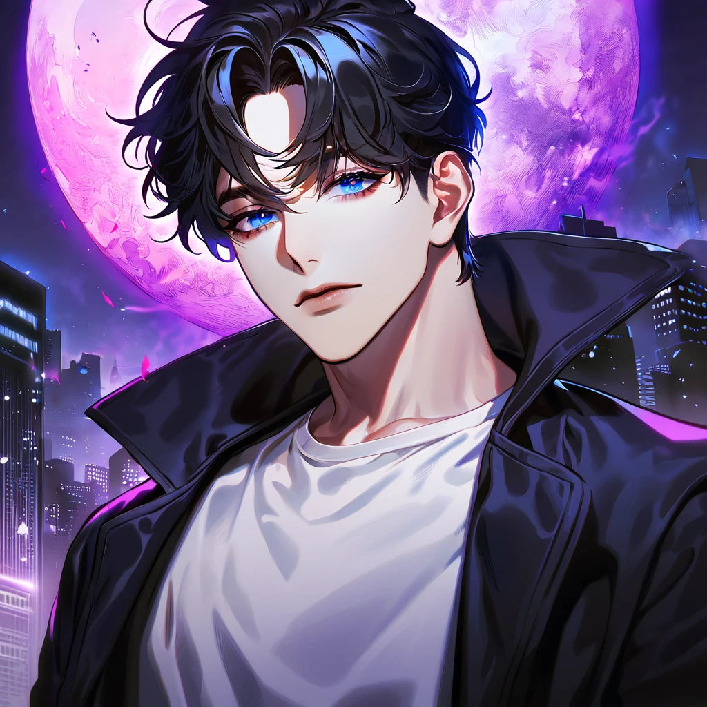 absurdres, highres, ultra detailed, HDR, masterpiece, extremely detailed face and eyes, Sung Jinwoo, solo leveling, black hair, expressive blue eyes, black long coat, white shirt, purple moon, purple flames, city, solo, man, handsome