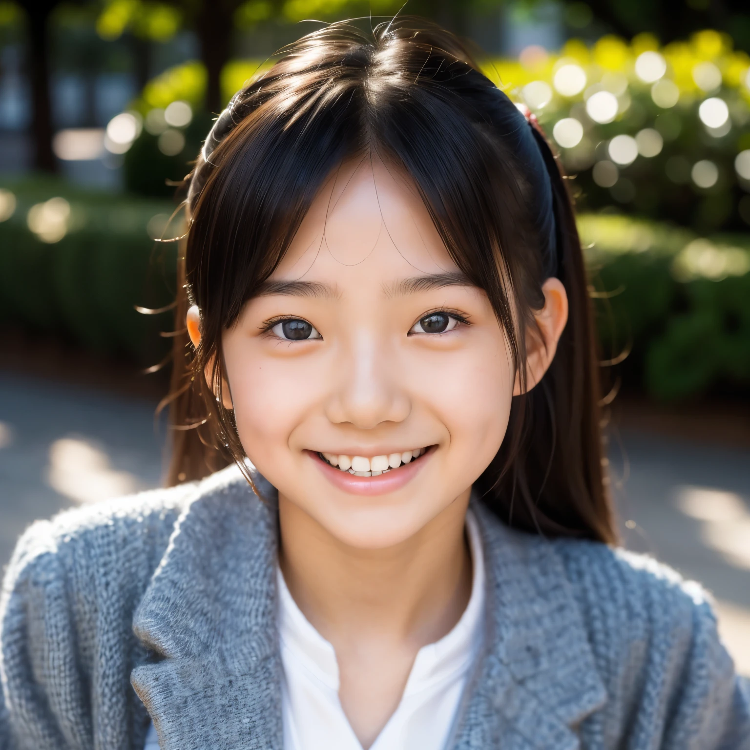 lens: 135mm f1.8, (highest quality),(RAW Photos), (Tabletop:1.1), (Beautiful 12 year old Japanese girl), Cute face, (Deeply chiseled face:0.7), (freckles:0.4), dappled sunlight, Dramatic lighting, (Japanese School Uniform), (On campus), shy, (Close-up shot:1.2), (smile),, (Sparkling eyes)、(sunlight)