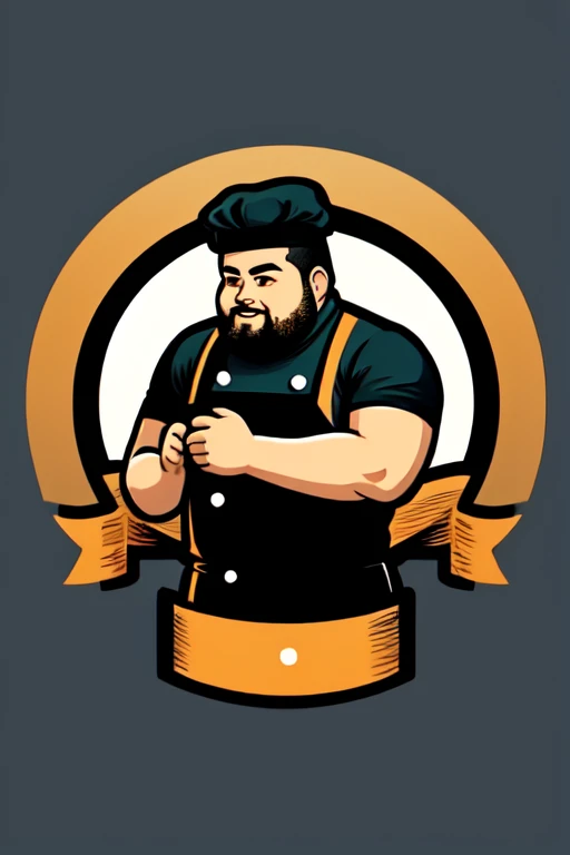 Chef gordito cocinando parillada, logotipo de la cinta del tema de terror, fondo degradado, fondo sencillo, color plano