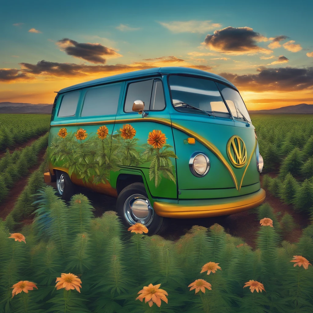 A field of Marijuana plants with a blue and green van in the middle. The van has a hippie flower design on it. It is called the Mystery Machine.
