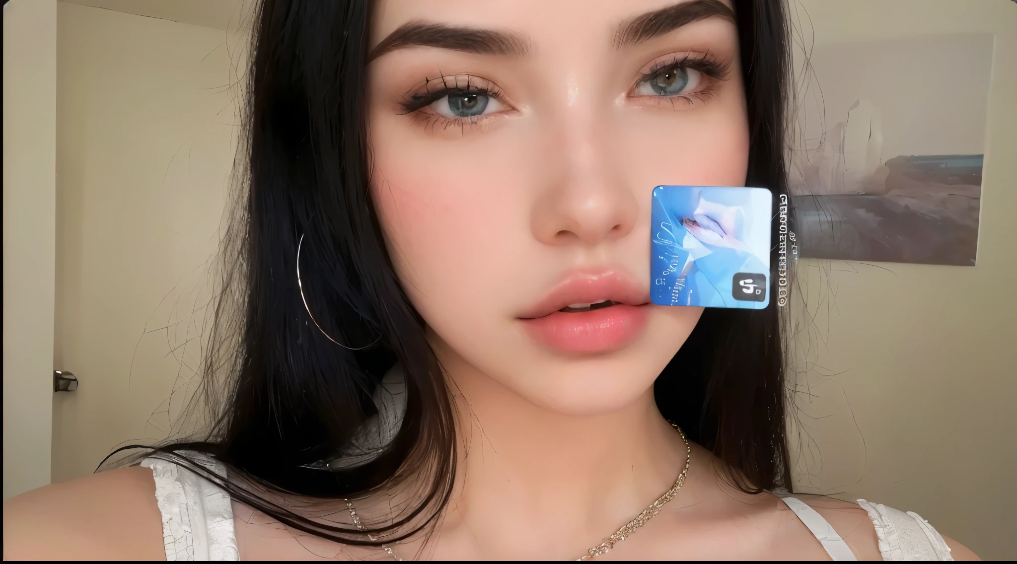 there is a woman with a credit card in her mouth, clear, high-quality lips, hyperrealistic aesthetic, ava max, small lips, nariz pontudo, contatos cinza, thick lips, hyperrealism aesthetic, Bella Poarca, Pele branca de porcelana, olhos azuis claros e penetrantes, shiny lips, lips well separated, rosto ultra realista, gelado, lindo rosto hiperrealista