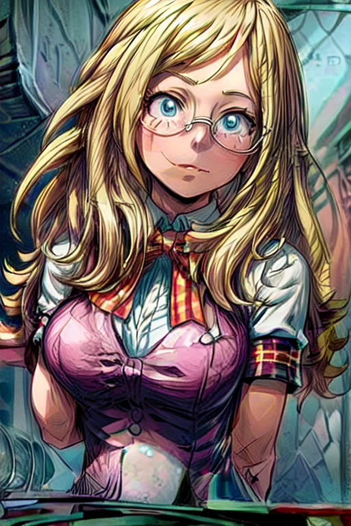 Melissa shiel,(From boku no hero academia anime),(wavy blonde hair, reaching halfway down her back) (wearing pink glasses with oval frames and a wrist watch), (water blue eye color), (and 169 cm tall