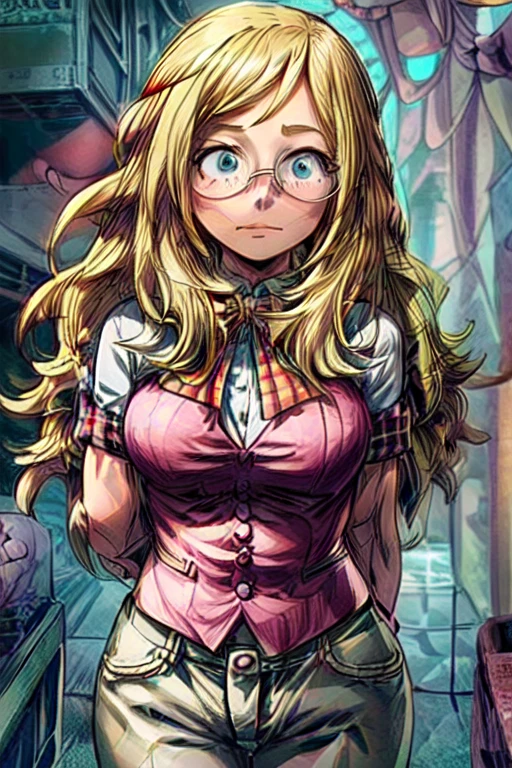 Melissa shiel,(From boku no hero academia anime),(wavy blonde hair, reaching halfway down her back) (wearing pink glasses with oval frames and a wrist watch), (water blue eye color), (and 169 cm tall