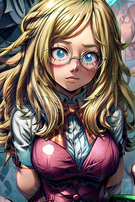 Melissa shiel,(From boku no hero academia anime),(wavy blonde hair, reaching halfway down her back) (wearing pink glasses with oval frames and a wrist watch), (water blue eye color), (and 169 cm tall