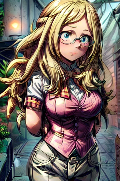 Melissa shiel,(From boku no hero academia anime),(wavy blonde hair, reaching halfway down her back) (wearing pink glasses with oval frames and a wrist watch), (water blue eye color), (and 169 cm tall