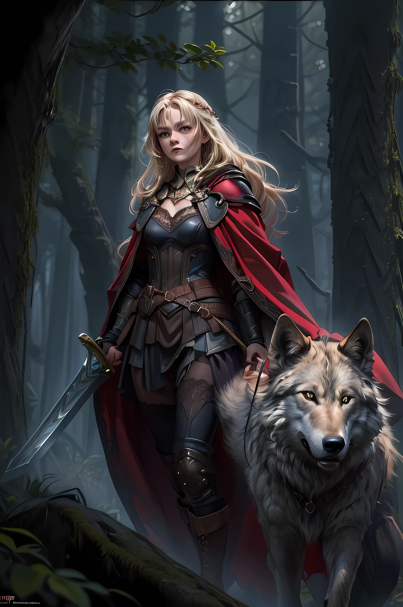 fantasy art, RPG art, Dark fantasy art, ultra wide shot, RAW, photorealistic, a picture of female human ranger and her wolf pet, the ranger, an exquisite beautiful human woman, long blond hair, braided hair, green eyes, wearing leather armor, wearing (red cloak: 1.1), armed with a (sword: 1.3), wearing laced boots, standing in a dark forest at night, (mist rising from the grounds: 1.3), a sense of dread and fear, yet she stands defiant and fearless, her wolf pet stands near her, protecting her, dark fantasy forest background, best quality, 16k, [ultra detailed], masterpiece, best quality, (ultra detailed), full body, ultra wide shot, photorealism, armored dress