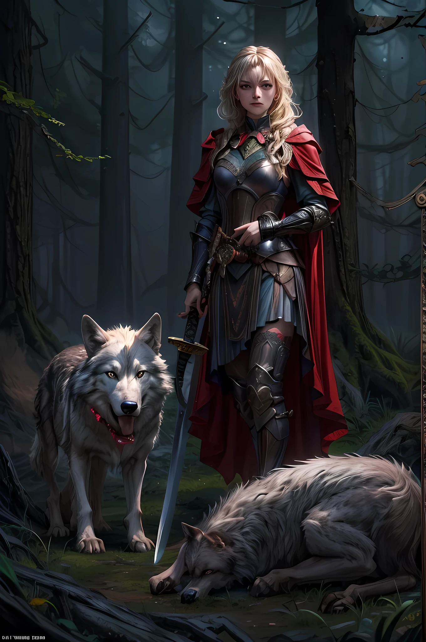 fantasy art, RPG art, Dark fantasy art, ultra wide shot, RAW, photorealistic, a picture of female human ranger and her wolf pet, the ranger, an exquisite beautiful human woman, long blond hair, braided hair, green eyes, wearing leather armor, wearing (red cloak: 1.1), armed with a (sword: 1.3), wearing laced boots, standing in a dark forest at night, (mist rising from the grounds: 1.3), a sense of dread and fear, yet she stands defiant and fearless, her wolf pet stands near her, protecting her, dark fantasy forest background, best quality, 16k, [ultra detailed], masterpiece, best quality, (ultra detailed), full body, ultra wide shot, photorealism, armored dress