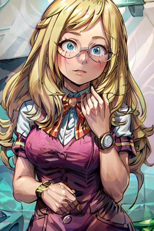 Melissa shiel,(From boku no hero academia anime),(wavy blonde hair, reaching halfway down her back) (wearing pink glasses with oval frames and a wrist watch), (water blue eye color), (and 169 cm tall