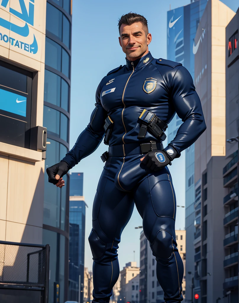 An European man wearing futuristic police uniform and sports Nike sneakers, he is an alluring 40yo man ,Smiling,Standing whole body,full-body shot, massive bulge, virile older masculinity, muscled chest,Sunny and handsome,Exercise and fitness ,front Photo,Unworn hands, slim waist, large chest.