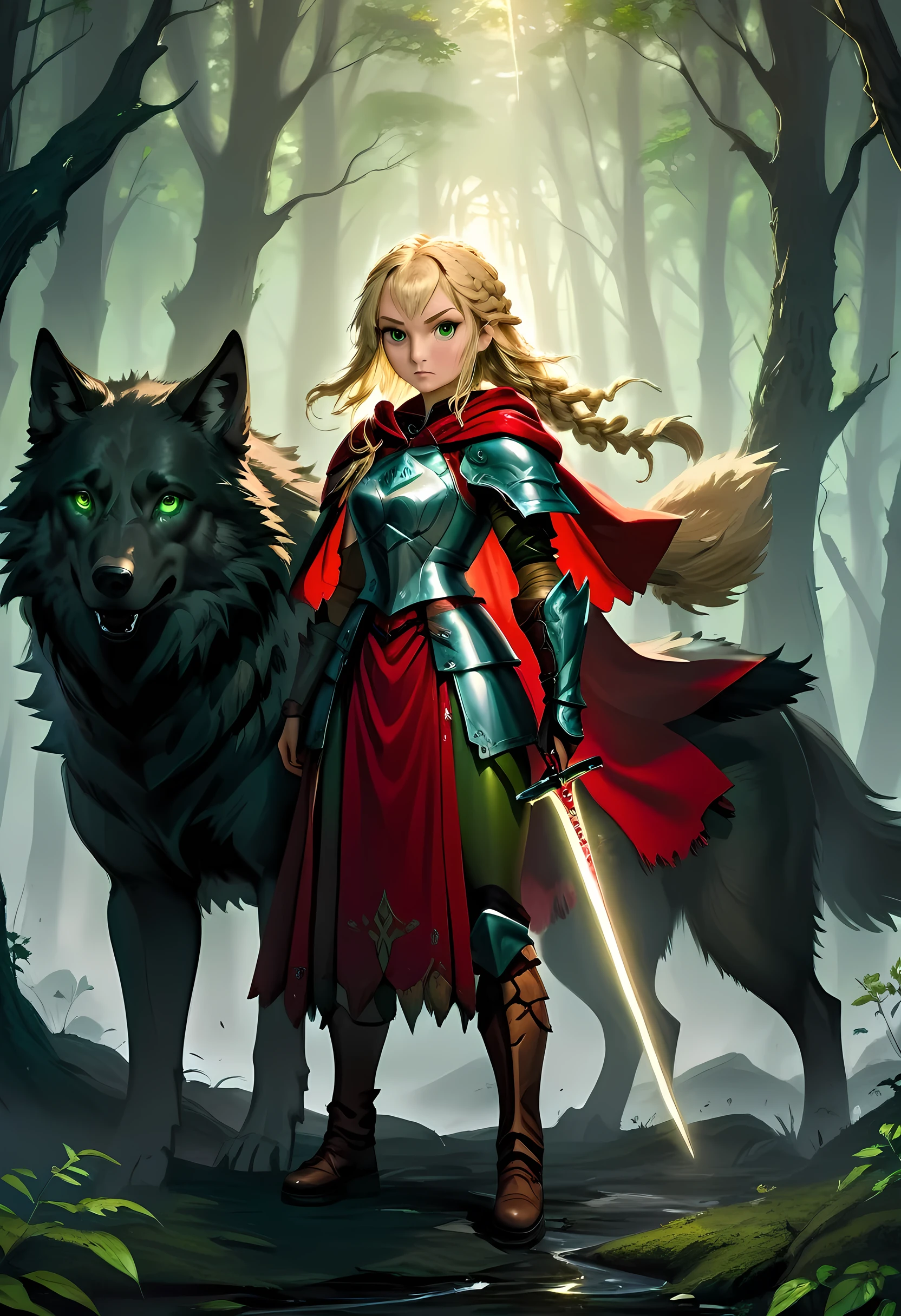 fantasy art, RPG art, Dark fantasy art, ultra wide shot, RAW, photorealistic, a picture of female human ranger and her wolf pet, the ranger, an exquisite beautiful human woman, long blond hair, braided hair, green eyes, wearing leather armor, wearing (red cloak: 1.1), armed with a (sword: 1.3), wearing laced boots, standing in a dark forest at night, (mist rising from the grounds: 1.3), a sense of dread and fear, yet she stands defiant and fearless, her wolf pet stands near her, protecting her, dark fantasy forest background, best quality, 16k, [ultra detailed], masterpiece, best quality, (ultra detailed), full body, ultra wide shot, photorealism, armored dress, FairyTaleAI