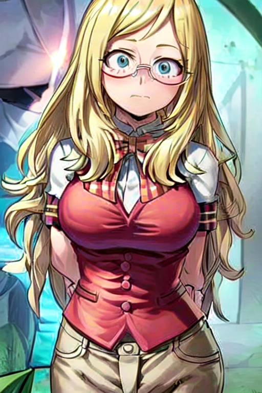 Melissa shiel,(From boku no hero academia anime),(wavy blonde hair, reaching halfway down her back) (wearing pink glasses with oval frames and a wrist watch), (water blue eye color), (and 169 cm tall