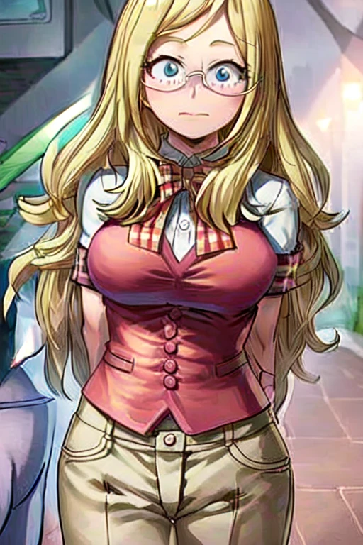 Melissa shiel,(From boku no hero academia anime),(wavy blonde hair, reaching halfway down her back) (wearing pink glasses with oval frames and a wrist watch), (water blue eye color), (and 169 cm tall