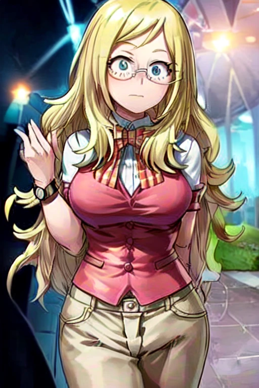 Melissa shiel,(From boku no hero academia anime),(wavy blonde hair, reaching halfway down her back) (wearing pink glasses with oval frames and a wrist watch), (water blue eye color), (and 169 cm tall