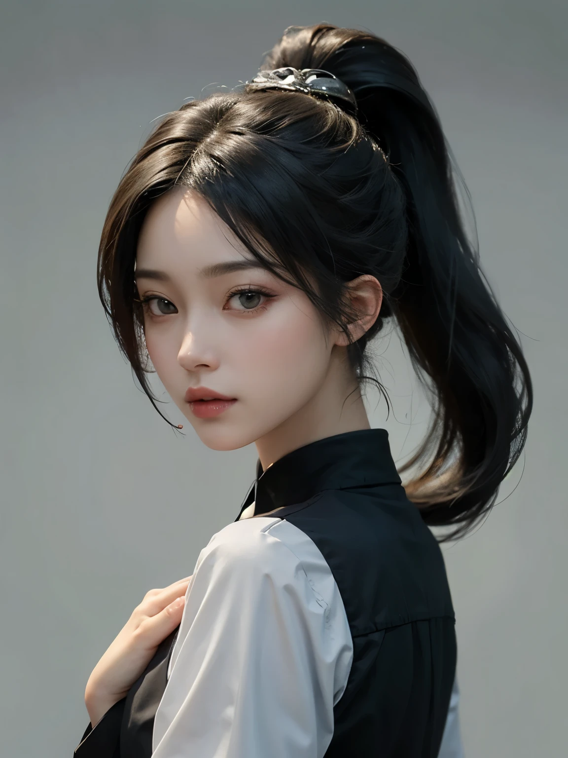 ((best quality)), ((masterpiece)), (detailed), perfect face. Black hair. Ponytail. Anime girl. Asian girl. Black eyes. Ulzzang.