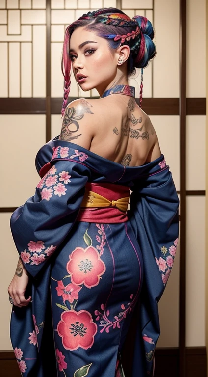 Asian WOMAN with a fully tattooed body with very colorful patterns((she is dressed in a traditional kimono ))((elle a une longue natte tressé))((entire body tattooed with intense color patterns))bare shoulders