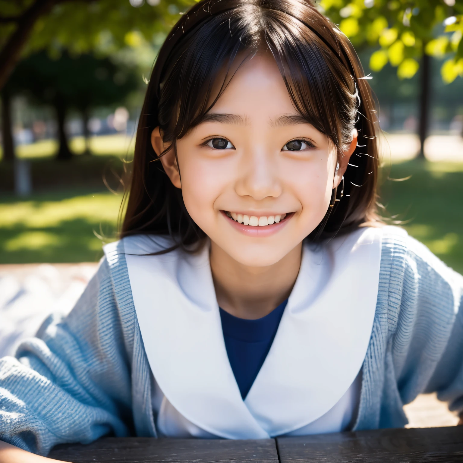 lens: 135mm f1.8, (highest quality),(RAW Photos), (Tabletop:1.1), (Beautiful 11 year old Japanese girl), Cute face, (Deeply chiseled face:0.7), (freckles:0.4), dappled sunlight, Dramatic lighting, (Japanese School Uniform), (On campus), shy, (Close-up shot:1.2), (smile),, (Sparkling eyes)、(sunlight)