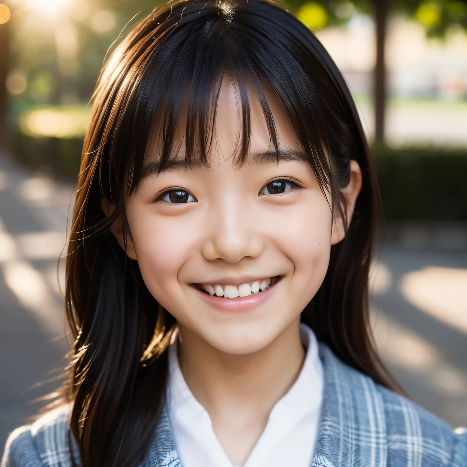 lens: 135mm f1.8, (highest quality),(RAW Photos), (Tabletop:1.1), (Beautiful 11 year old Japanese girl), Cute face, (Deeply chiseled face:0.7), (freckles:0.4), dappled sunlight, Dramatic lighting, (Japanese School Uniform), (On campus), shy, (Close-up shot:1.2), (smile),, (Sparkling eyes)、(sunlight)