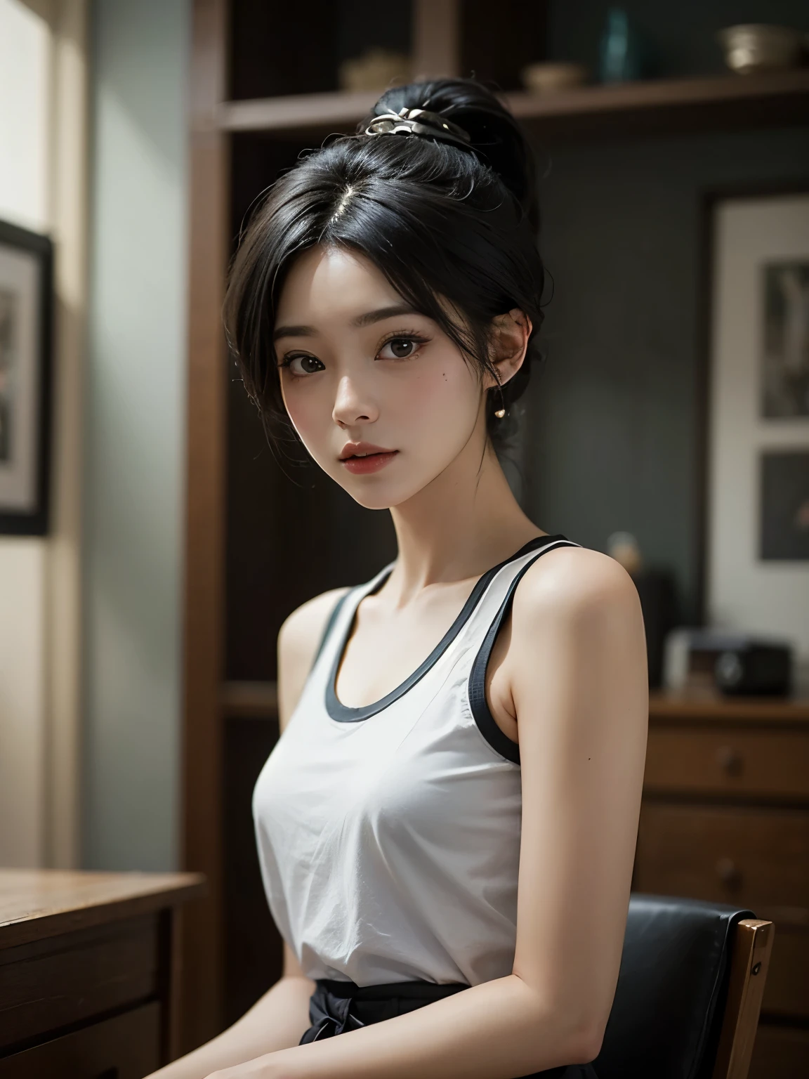 ((best quality)), ((masterpiece)), (detailed), perfect face. Black hair. Ponytail. Anime girl. Asian girl. Black eyes. Ulzzang. Tanktop.