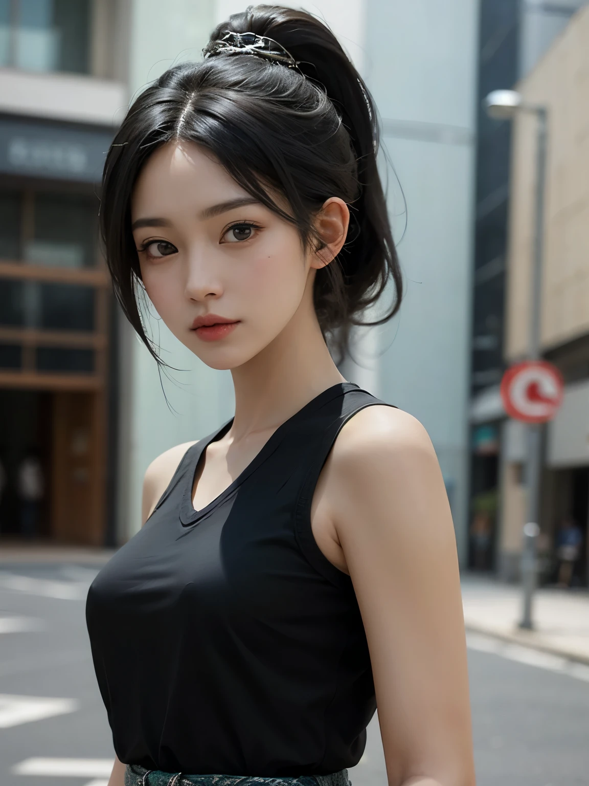 ((best quality)), ((masterpiece)), (detailed), perfect face. Black hair. Ponytail. Anime girl. Asian girl. Black eyes. Ulzzang. Tanktop.