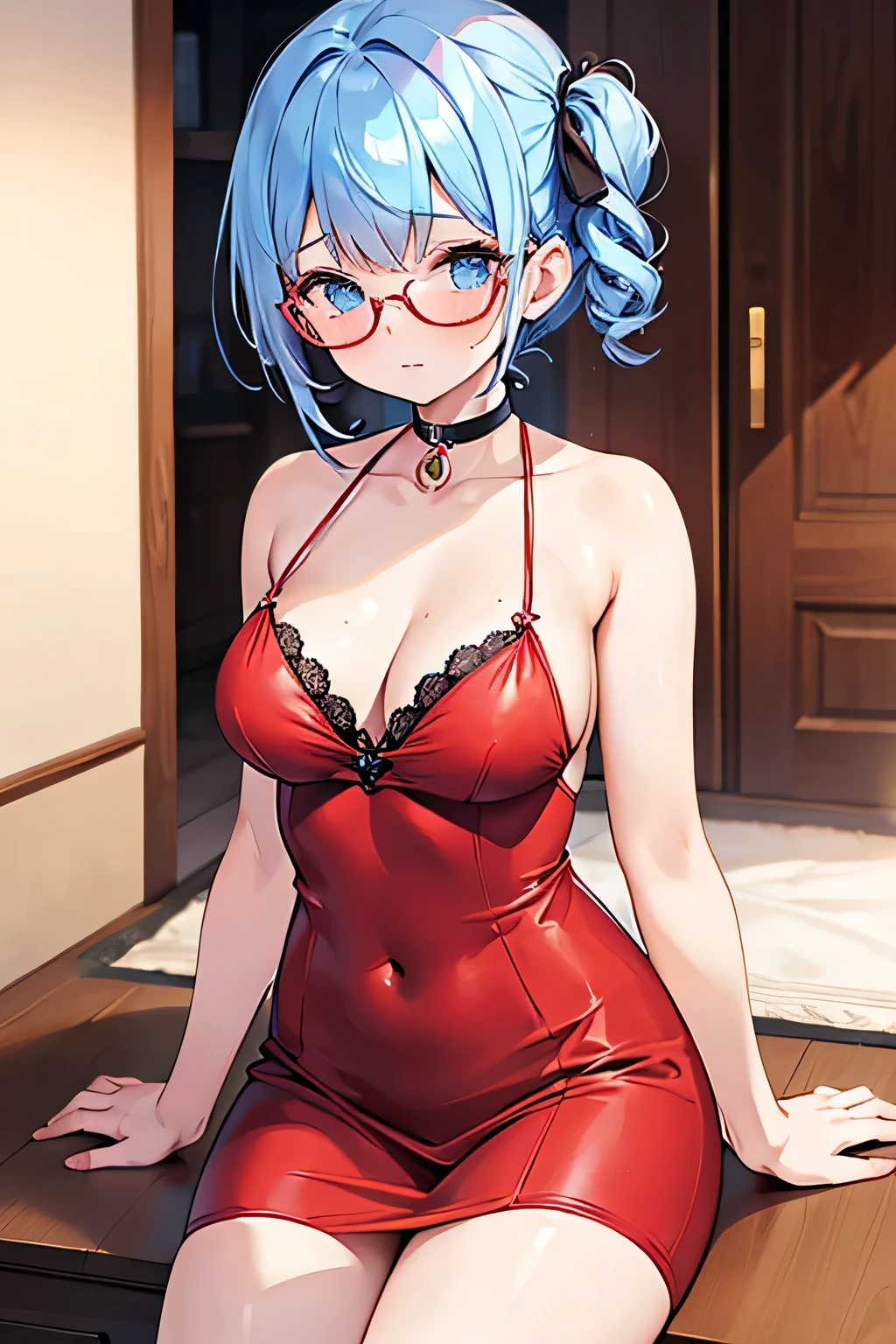 Woman with glasses blue eyes short red dress sex cleavage chest medium size 