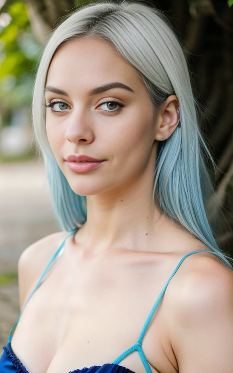 Fotografia profissional, beautiful woman with white skin and blue hair with black roots, de 24 anos , um sinal no queixo, rosto inocente detalhado, foto com qualidade, vestida de manga longas