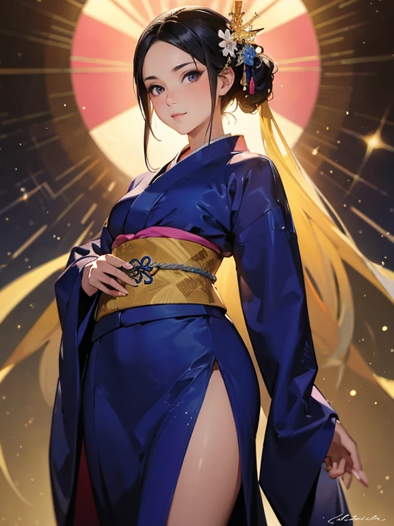 obra maestra, sexy mostrando lenceria(kimono azul), cara seductora, buena iluminacion, escote, detalles finos, obra maestra, ojos brillantes, 1 chica, cabello negro, mordaza, bamboo, Nezuko Kamado, fondo de glicinias, obra maestra, mejor calidad, Punto de vista, cuerpo entero, caderas anchas,