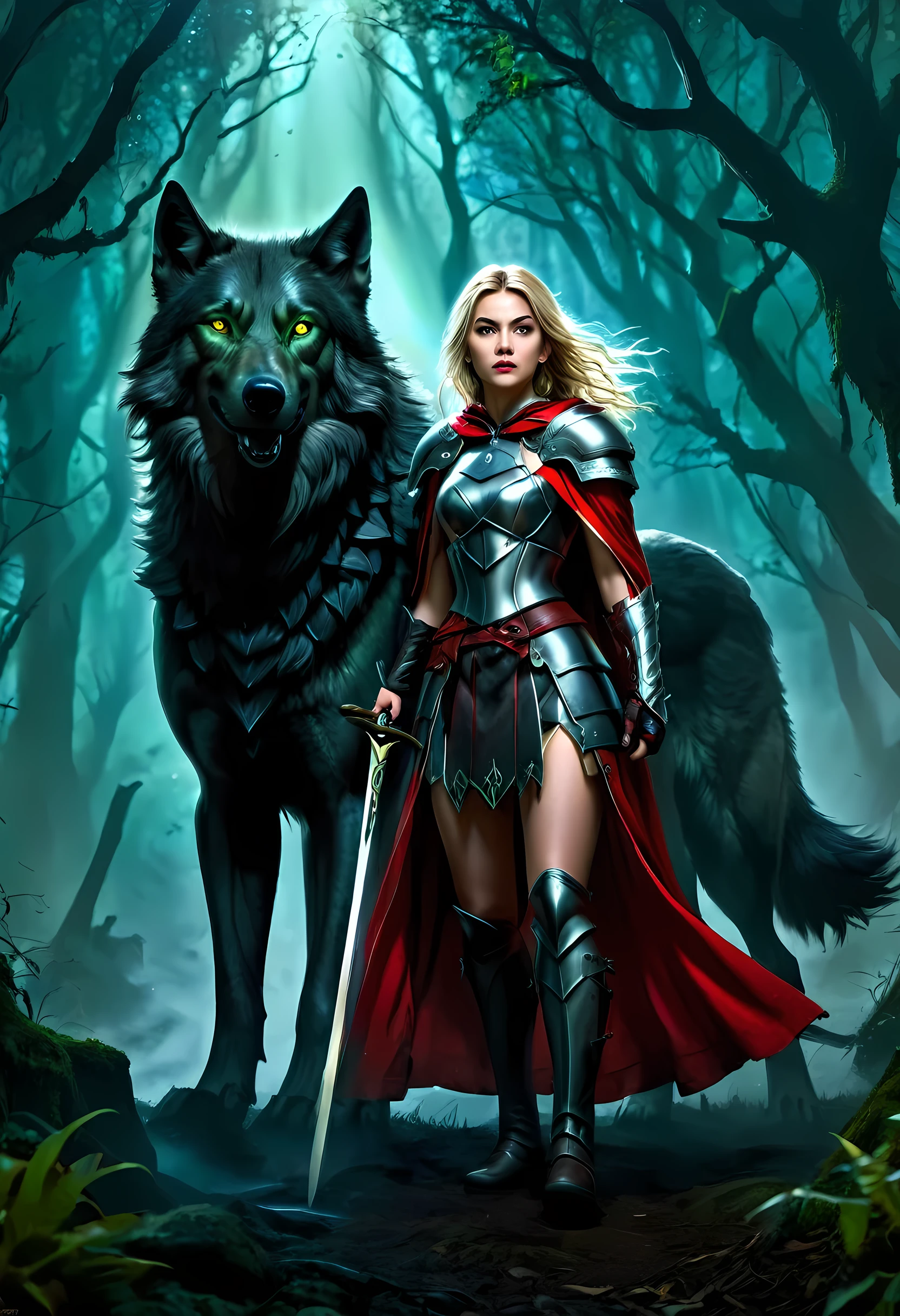 fantasy art, RPG art, Dark fantasy art, ultra wide shot, RAW, photorealistic, a picture of female human ranger and her wolf pet, the ranger, an exquisite beautiful human woman, long blond hair, braided hair, green eyes, wearing leather armor, wearing (red cloak: 1.1), armed with a (sword: 1.3), wearing laced boots, standing in a dark forest at night, (mist rising from the grounds: 1.3), a sense of dread and fear, yet she stands defiant and fearless, her wolf pet stands near her, protecting her, dark fantasy forest background, best quality, 16k, [ultra detailed], masterpiece, best quality, (ultra detailed), full body, ultra wide shot, photorealism, armored dress, FairyTaleAI