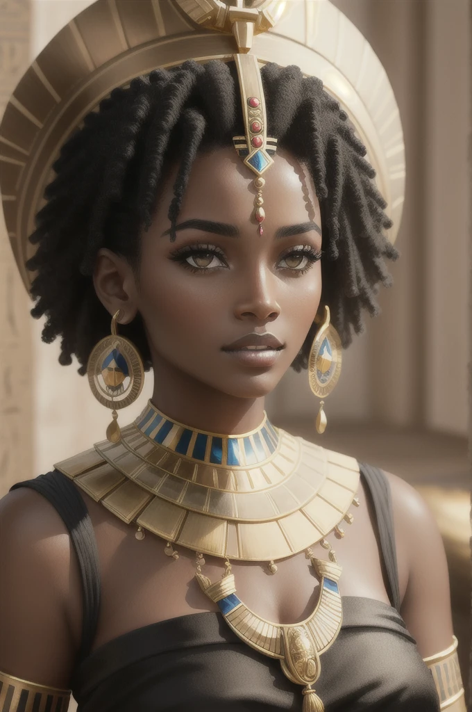an egyptian woman with a golden headpiece and a black dress, very dark skin female goddess of love, african queen, a stunning portrait of a goddess, ancient goddess, kemetic, cleopatra portrait, egyptian princess, 3 d goddess portrait, black african princess Egyptian, cgsociety - w 1 0 2 4 - n 8 - i, ancient egyptian