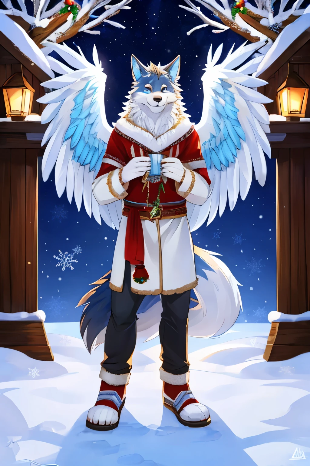 A Cute Muascular Alpha Wolf with White Furr with a pale blue. with a pair of white wings with pale blue feathers a brown winter coand Jean. standing in a Christmas and yule decorated place outside