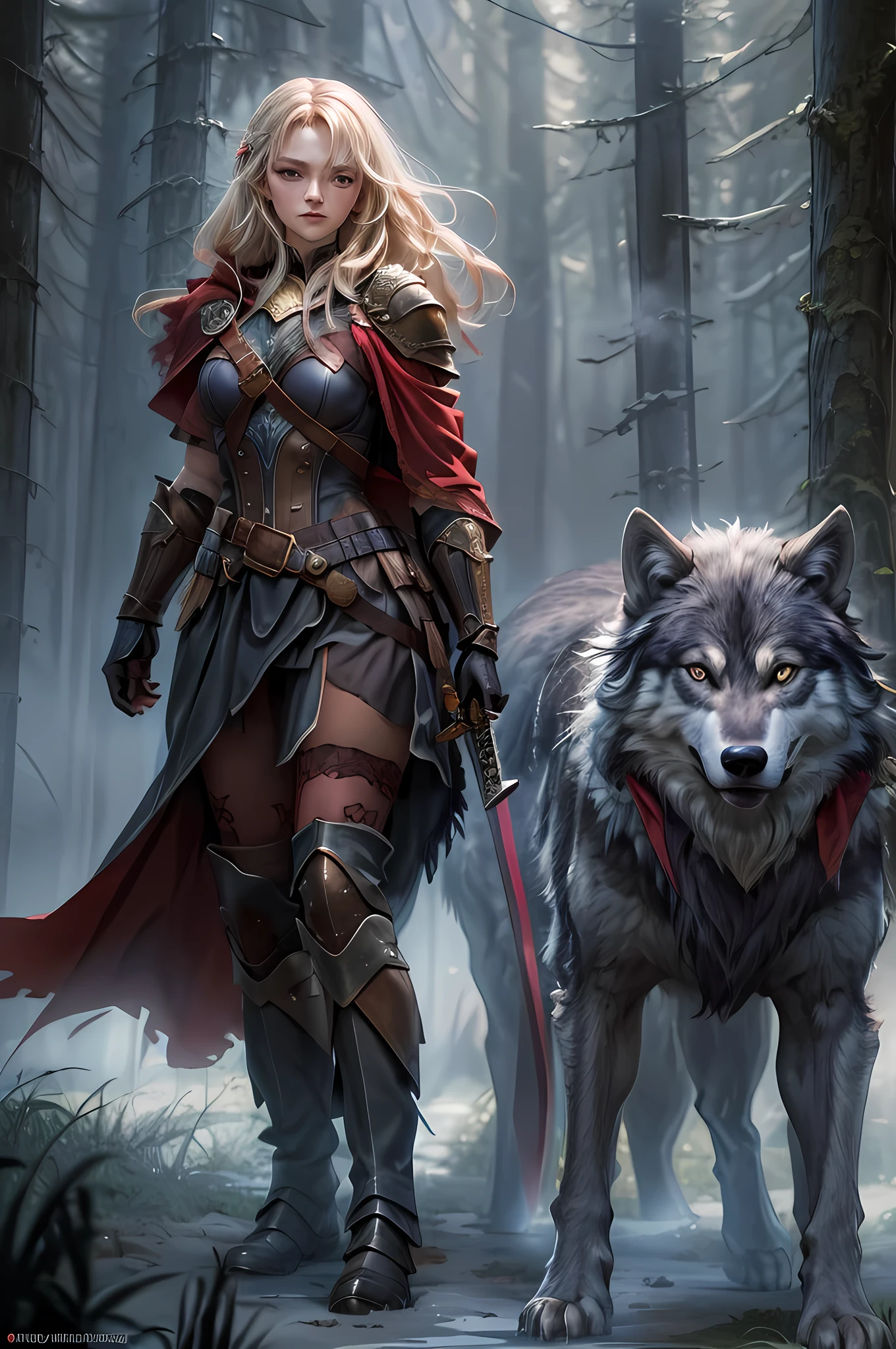 fantasy art, RPG art, Dark fantasy art, ultra wide shot, RAW, photorealistic, a picture of female human ranger and her wolf pet, the ranger, an exquisite beautiful human woman, long blond hair, braided hair, green eyes, wearing leather armor, wearing (red cloak: 1.1), armed with a (sword: 1.3), wearing laced boots, standing in a dark forest at night, (mist rising from the grounds: 1.3), a sense of dread and fear, yet she stands defiant and fearless, her wolf pet stands near her, protecting her, dark fantasy forest background, best quality, 16k, [ultra detailed], masterpiece, best quality, (ultra detailed), full body, ultra wide shot, photorealism, armored dress