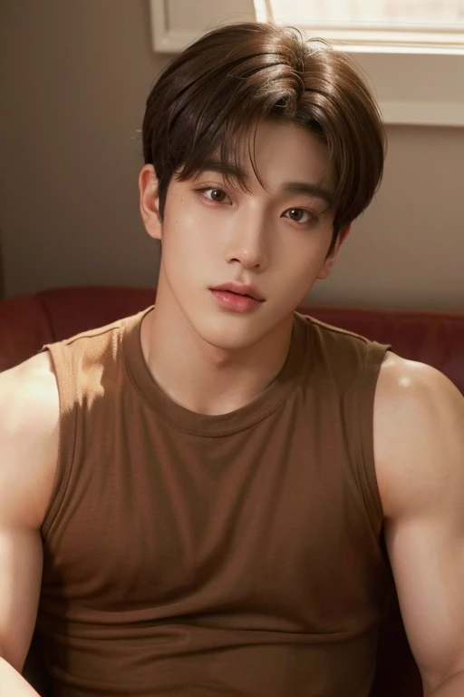 1 man, brown eyes, thick lips, light skin, almond-shaped eyes, dark brown hair, short hair, brown pajama clothes, muscular stocky body, muscular arms, muscular legs, age appearance, mixed Korean and European features, defined jaw, wear an elegant dark brown t-shirt, in the background is a room, the character sitting in a desk chair, see the upper third of his body in the image, high quality face, the face close to the camera, high image quality, no deformities, good body proportion, 4k quality of image.