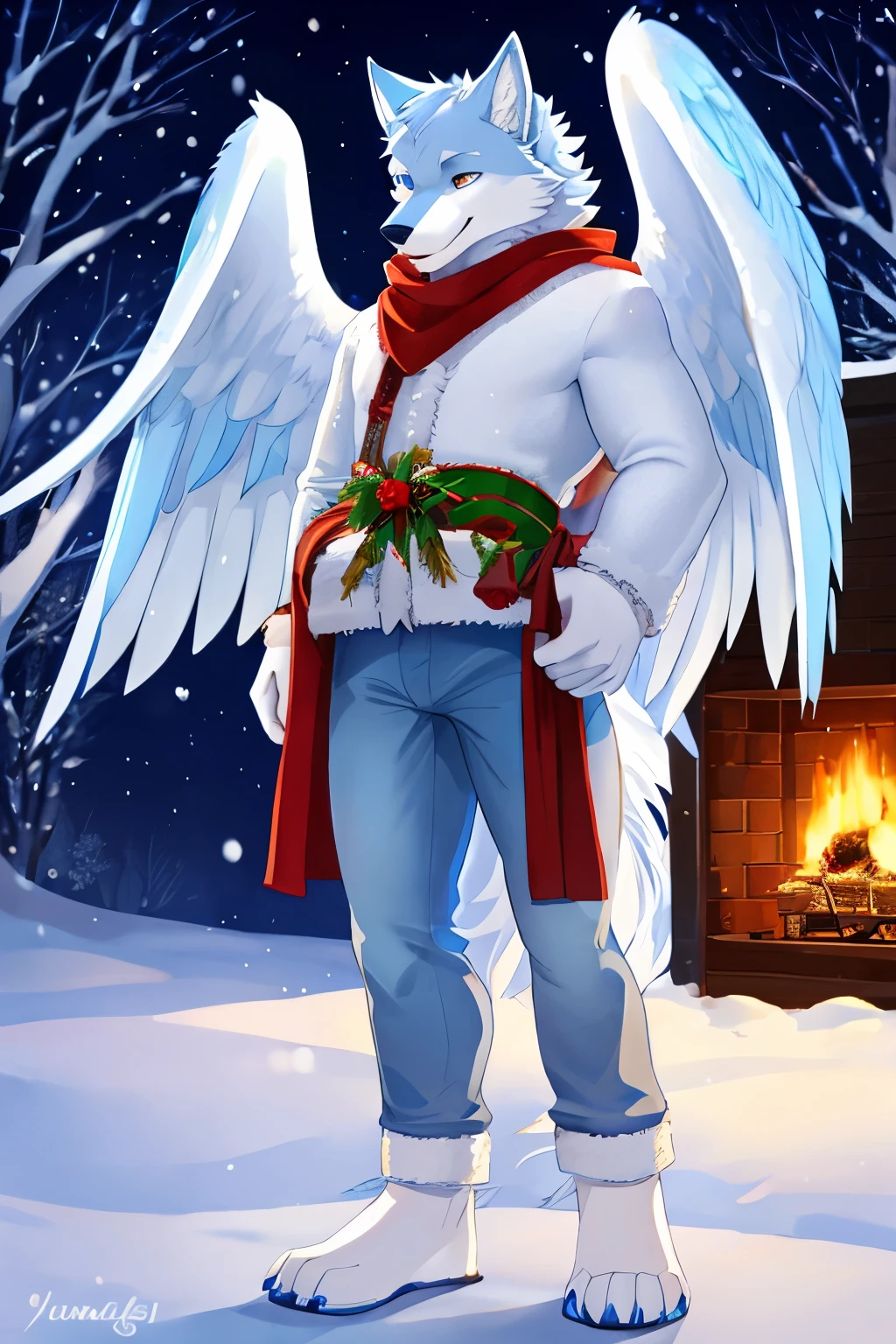 A Cute Muascular Alpha Wolf with White Furr with a pale blue. with a pair of white wings with pale blue feathers a brown winter coand Jean. standing in a Christmas and yule decorated place outside
