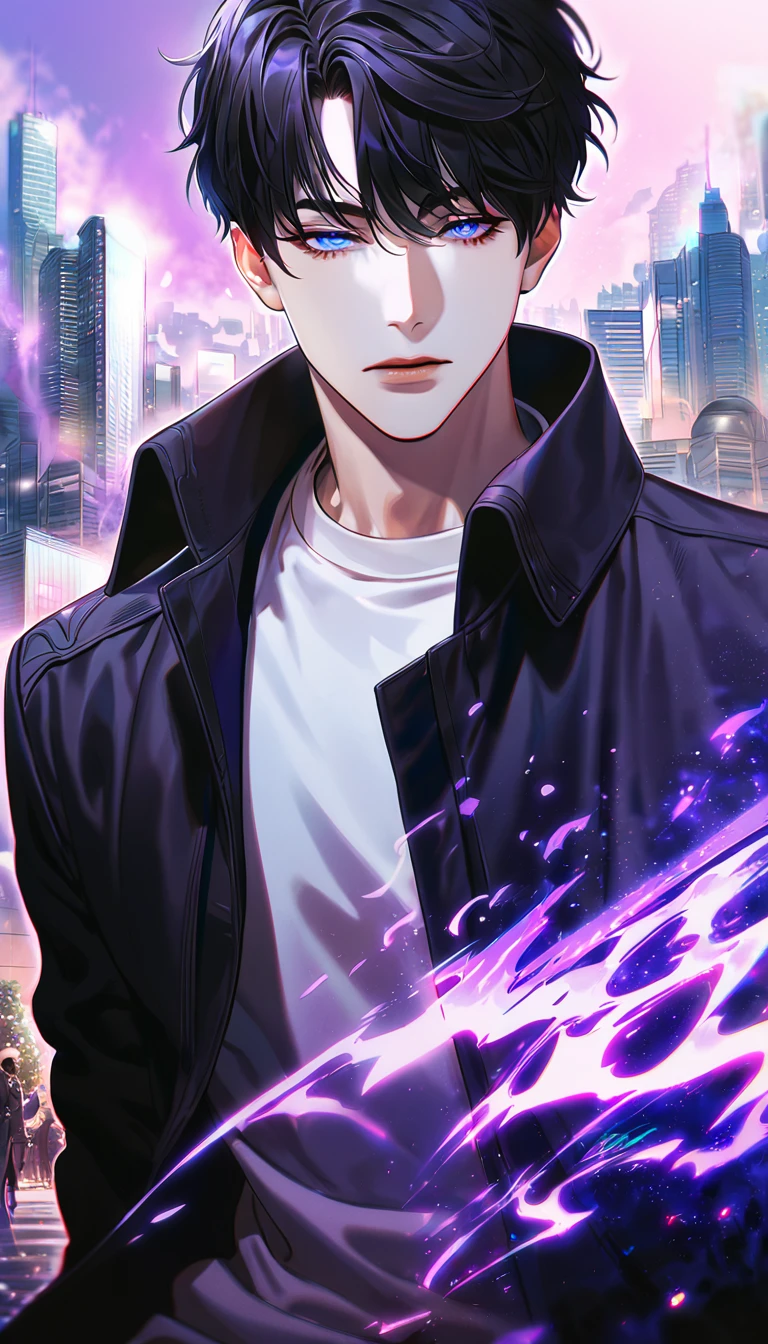 absurdres, highres, ultra detailed, HDR, masterpiece, extremely detailed face and eyes, Sung Jinwoo, solo leveling, black hair, expressive blue eyes, black long coat, white shirt, purple moon, purple flames, city, solo, man, handsome