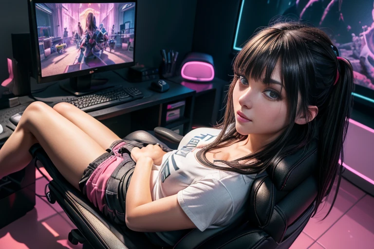 ((masterpiece)), ((high quality)), ((best quality)), a professional gamer, beautiful woman, perfect face, long straight  black hair bangs, eyebrows,  breasts, T-shirt, shorts, thighs, perfect body anatomy ,  speakers, computer monitor, gaming chair, indoor, aerial view, facing viewer, (highly detailed), realistic, neon pink lighting, (intricate detail), hd, 16k